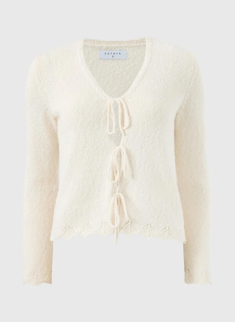 ماتلان Cream Textured Tie Front Cardigan